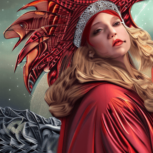 AI generated:  Tarot card, High quality portrait of beautiful female wizard, female portrait, in red robe, red lio...