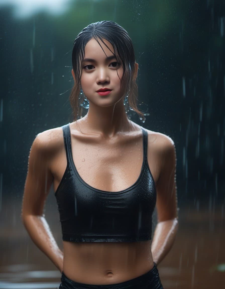 AI generated: Create a full-body photograph of a woman standing in the rain. She is wearing a wet tank top and a t...