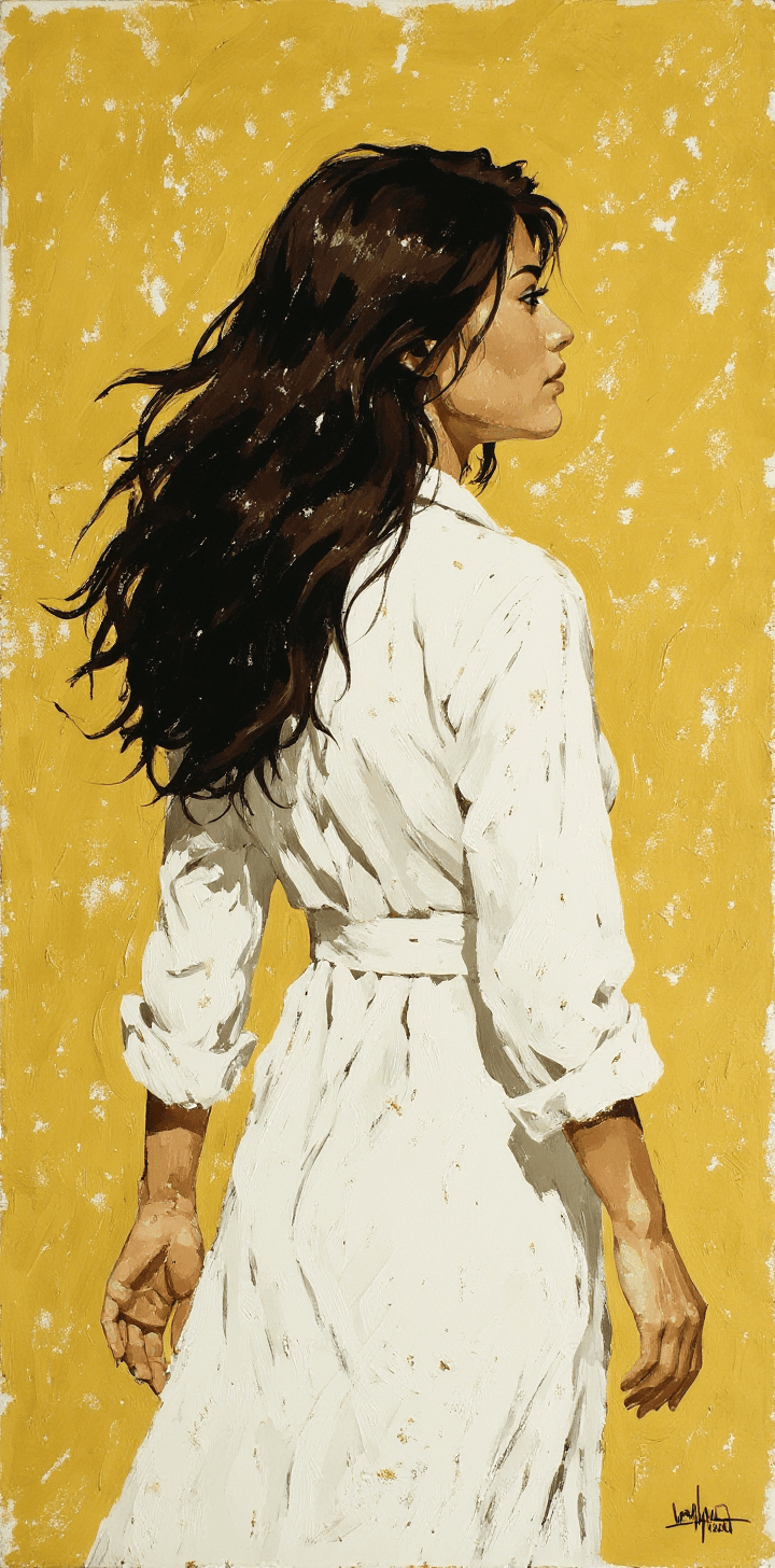 AI generated: a painting of a woman, in the style of brushstroke-intensive portraits, walking away from Canes , fl...