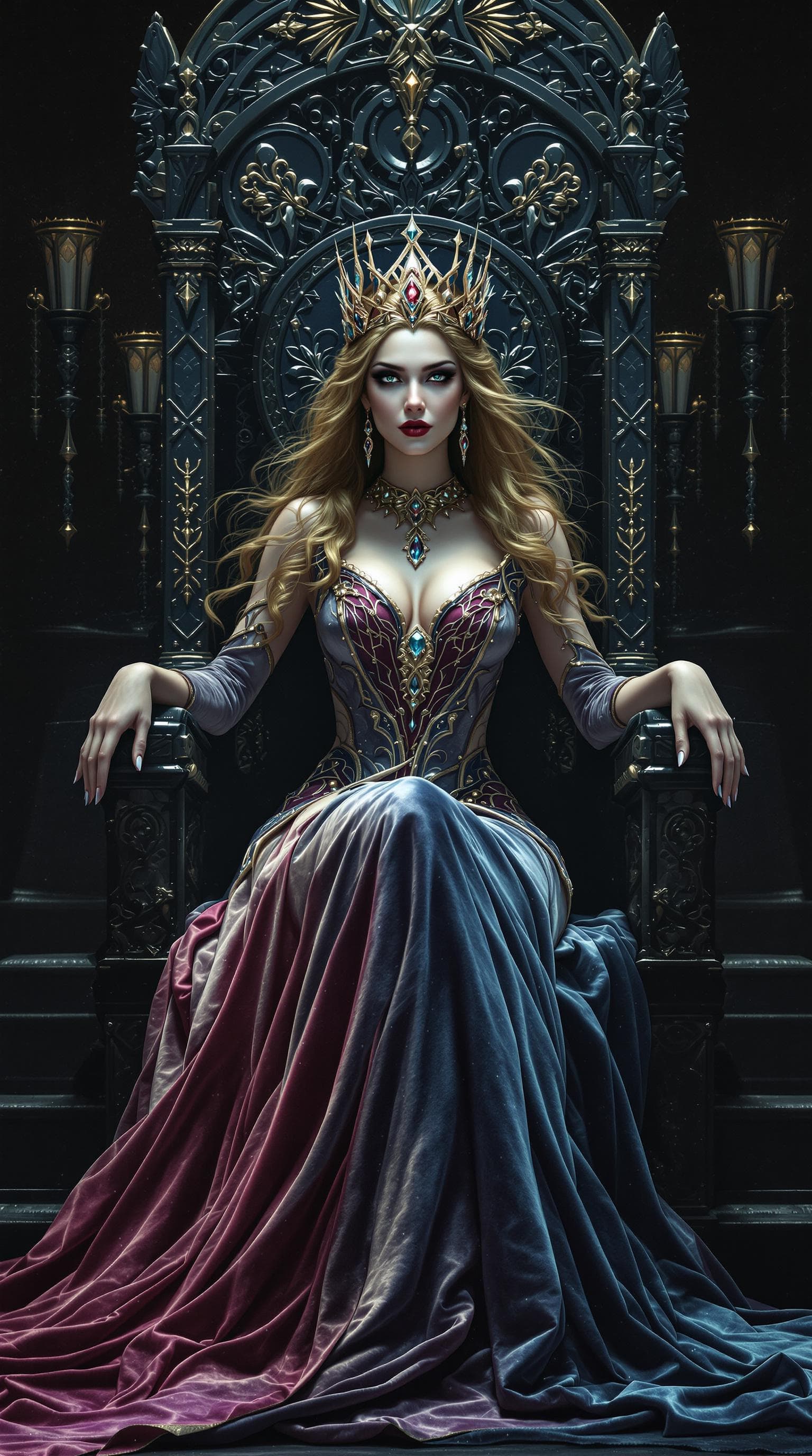 AI generated: A regal, enigmatic queen, with eyes that seem to hold the secrets of the ages and hair that flows li...
