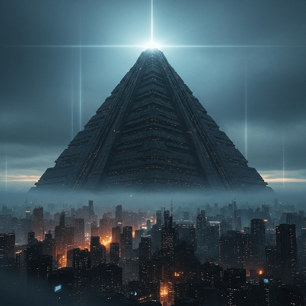 AI generated: Epic, cinematic low-angle establishing shot of a colossal, monolithic pyramid-megastructure, the 'Ty...