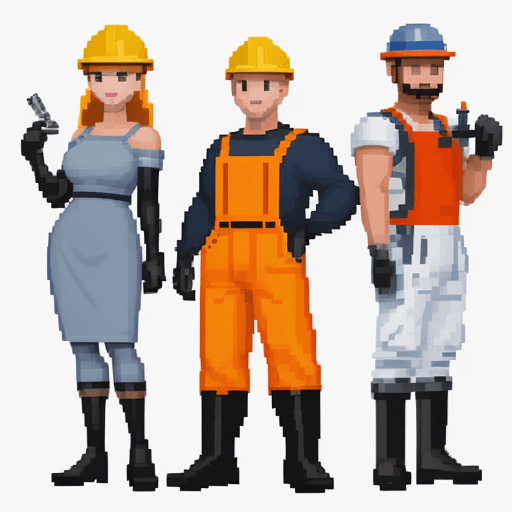 AI generated: 16 - bit pixel art character, smile, a power line engineer, in full body view, standing confidently ...