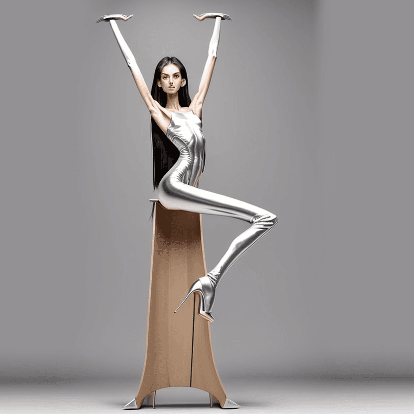 AI generated: photo of an extremely skinny, flat-chested model with extreme long and skinny legs with extreme long...
