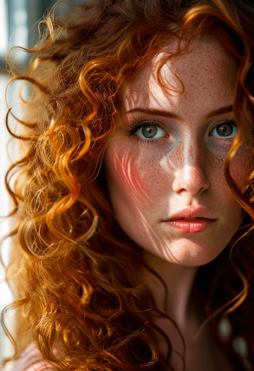AI generated: breathtaking woman, spiral curls, long auburn hair, (freckles:0.6), extreme close-up, dark room, win...