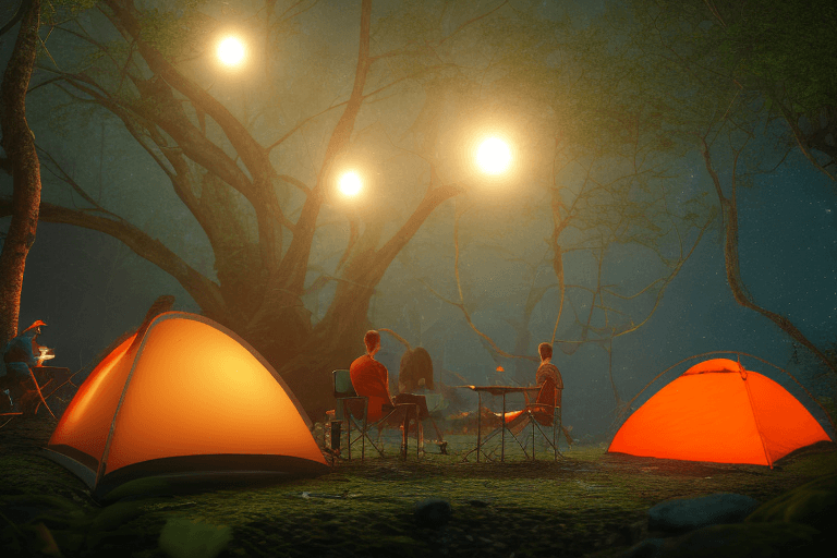 AI generated: Dark night time campsite, with a few explorers with scientific gear, resting and relaxing near a riv...