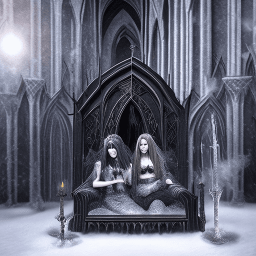 AI generated: photo realistic characters, 2  real life girls cuddling on gothic throne, dark gothic set vibe, goth...