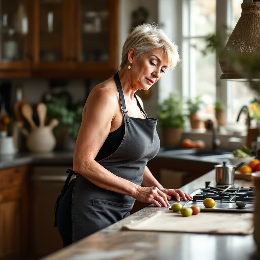 AI generated:  60 years old mature woman, 70kg  body, blonde pixie hair, wearing only apron  in the kitchen, side ...