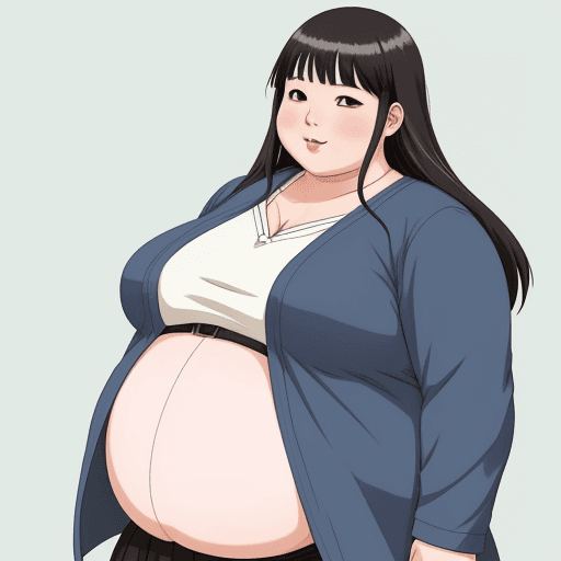 AI generated: Korean Anime-like girl with fat body, huge belly hanging out, fatter triple chin face