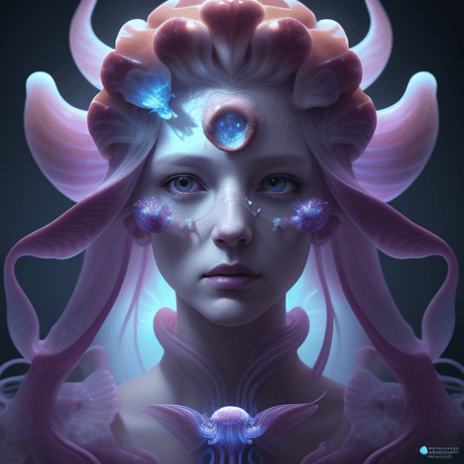 AI generated: Goddess close-up portrait ribcagel. jellyfish phoenix head, nautilus, orchid, skull, betta fish, bio...