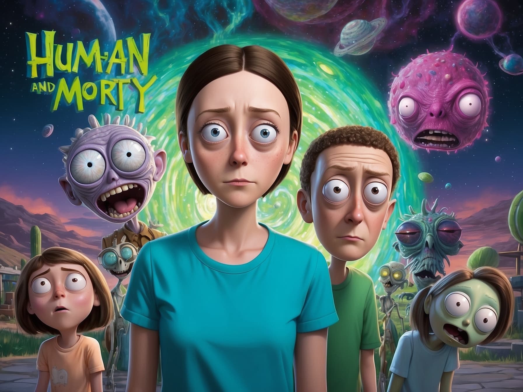 AI generated: a woman standing next to a group of cartoon characters, poster art by Guillermo del Toro, cgsociety,...