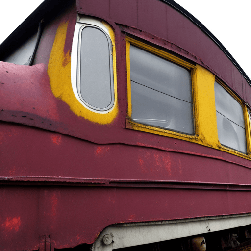 AI generated: Side view of an old train carriage with rivets, maroon in colour, with two windows, a black roof and...