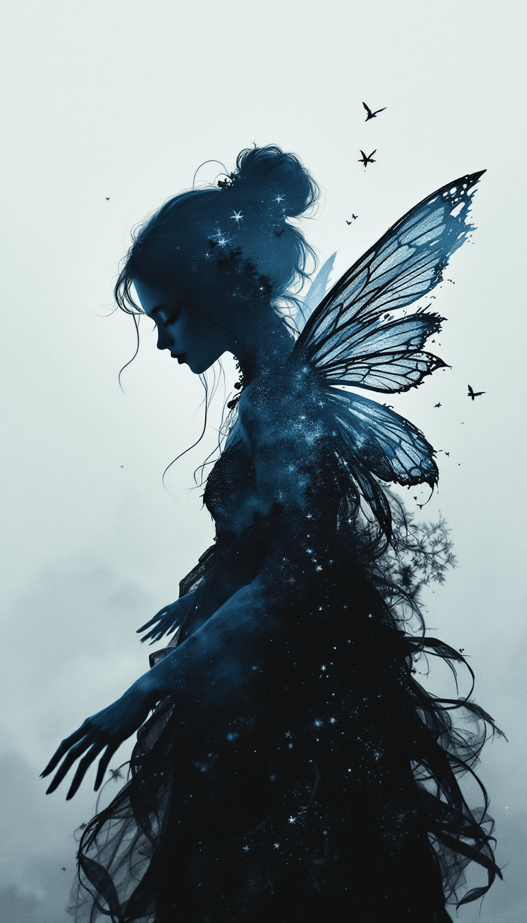 AI generated: Fairy silhouette , in the style of Tim  Burton,, Claude Monet , dystopian-style portraits, deepcore,...