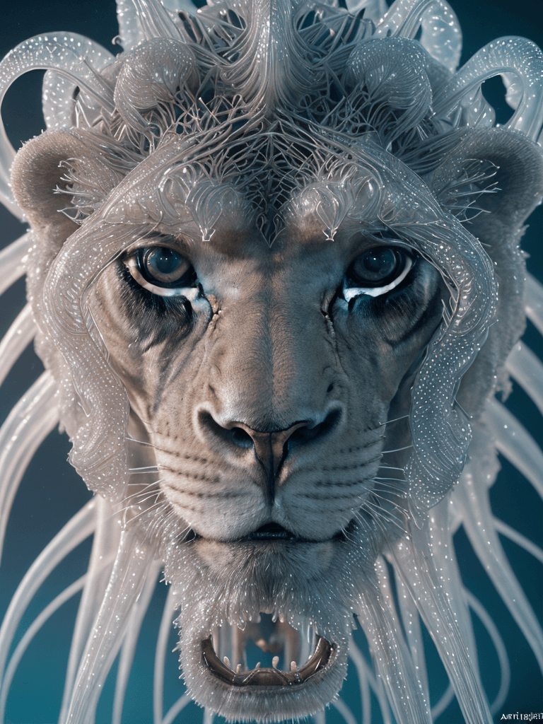 AI generated: lion close-up portrait ribcagel. jellyfish symmetrical head, bioluminiscent scriptures, intricate ar...