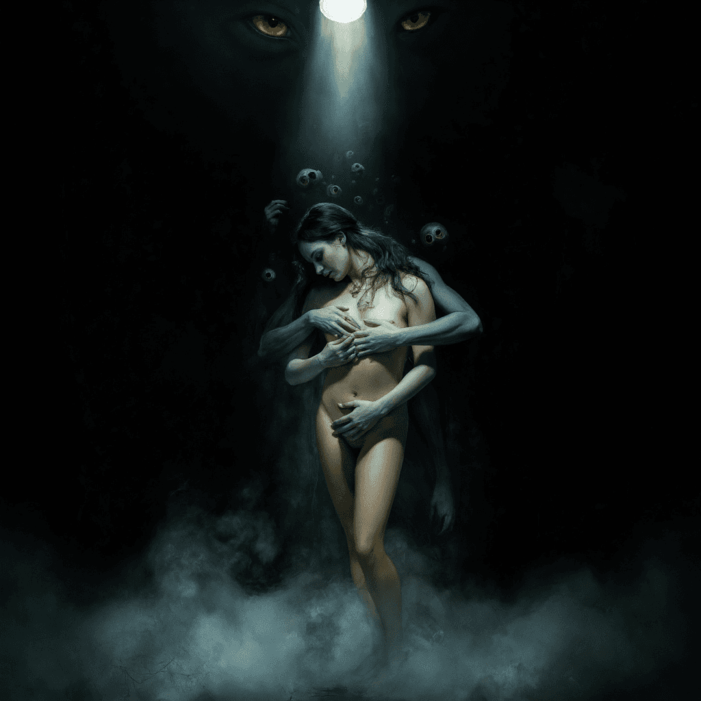 AI generated: A lone  naked woman stands illuminated in a single dramatic spotlight in the center of a vast, smoky...