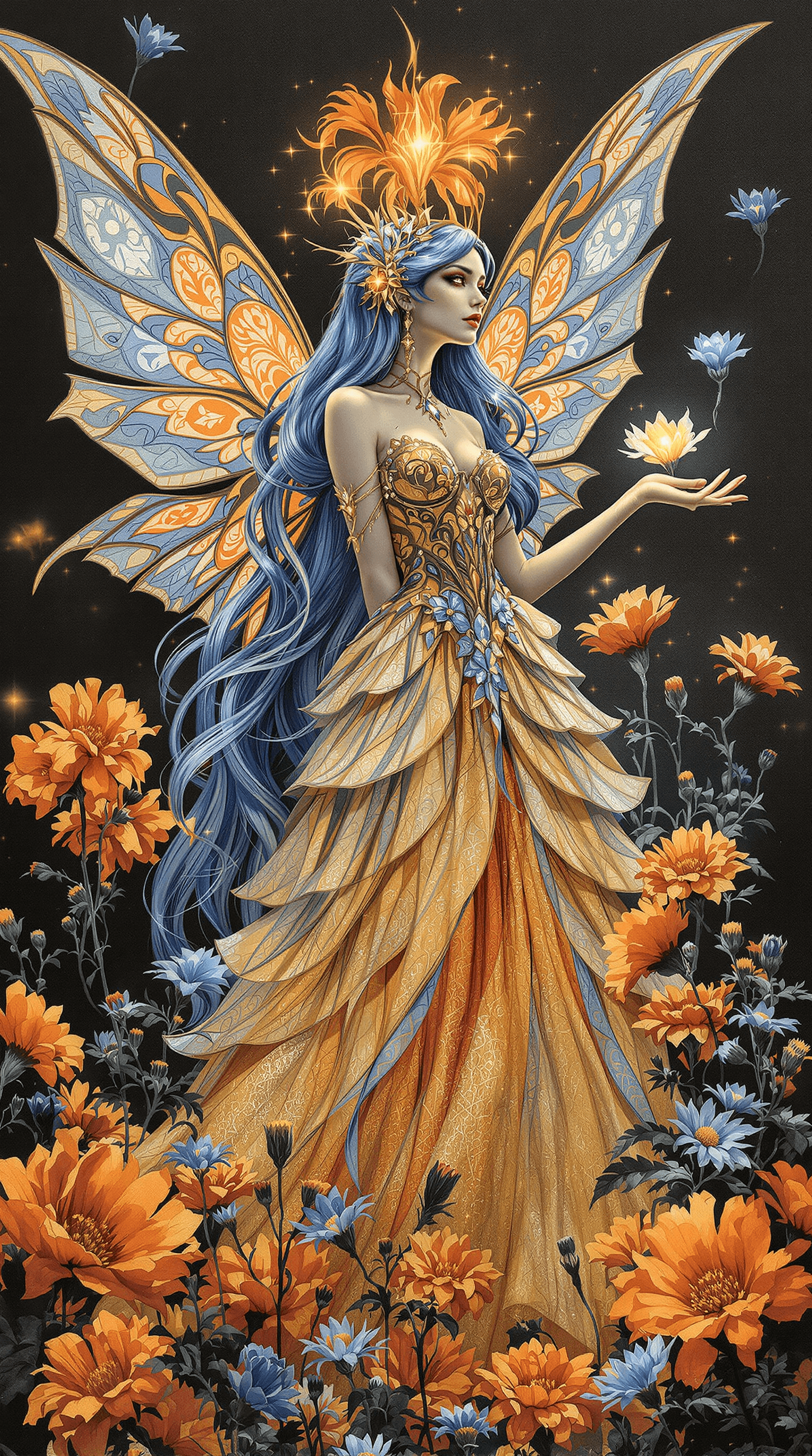 AI generated: retrofuturism, Charcoal Sketch, a stunning faerie with a orange and blue theme inspired by marigolds...