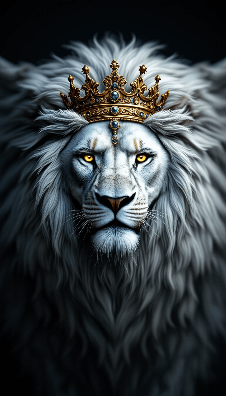 AI generated: Face of a angel lion, many accessories, detailled, King, face