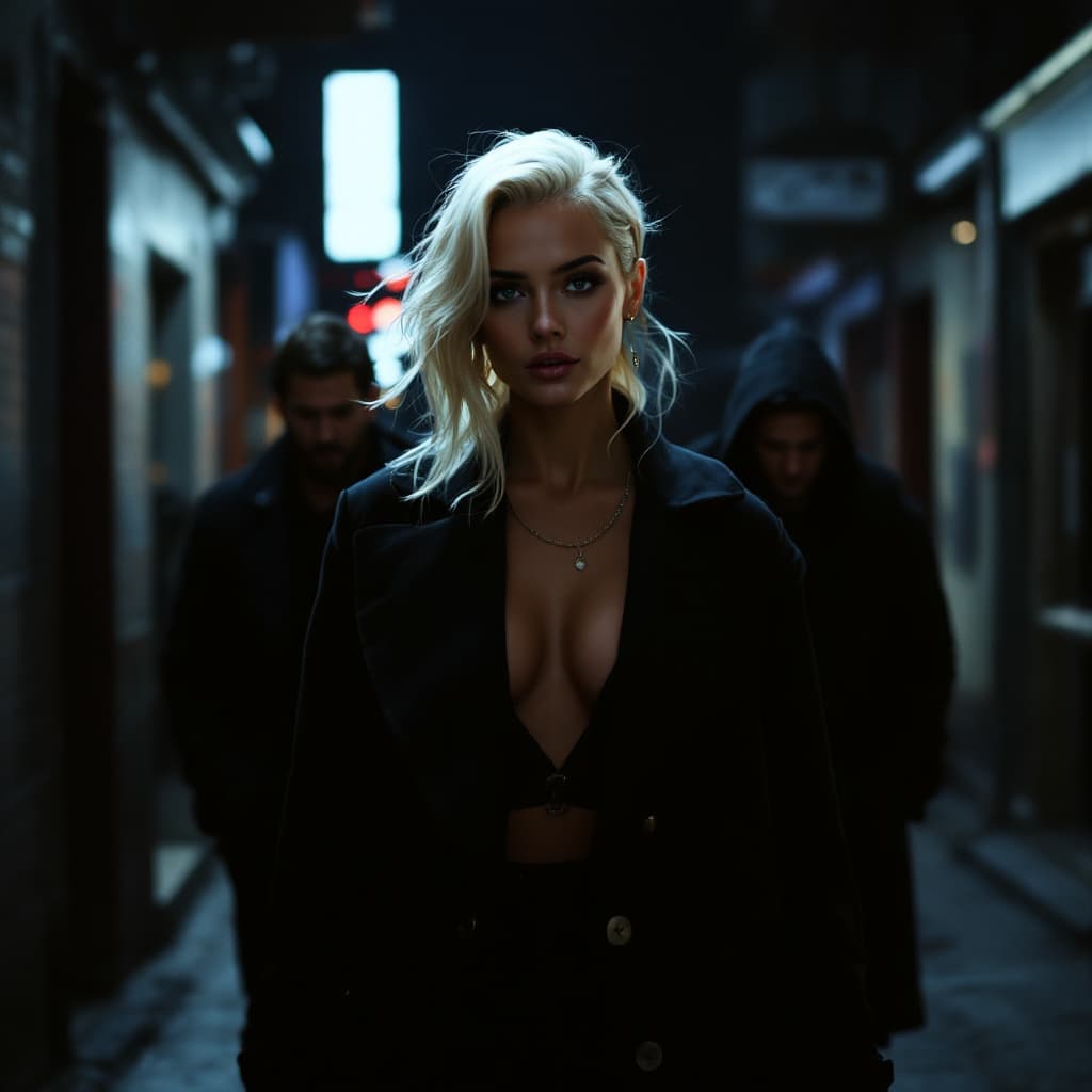 AI generated: a blonde woman with a white low cut walking down a dark street with 3 strangers behind her following...