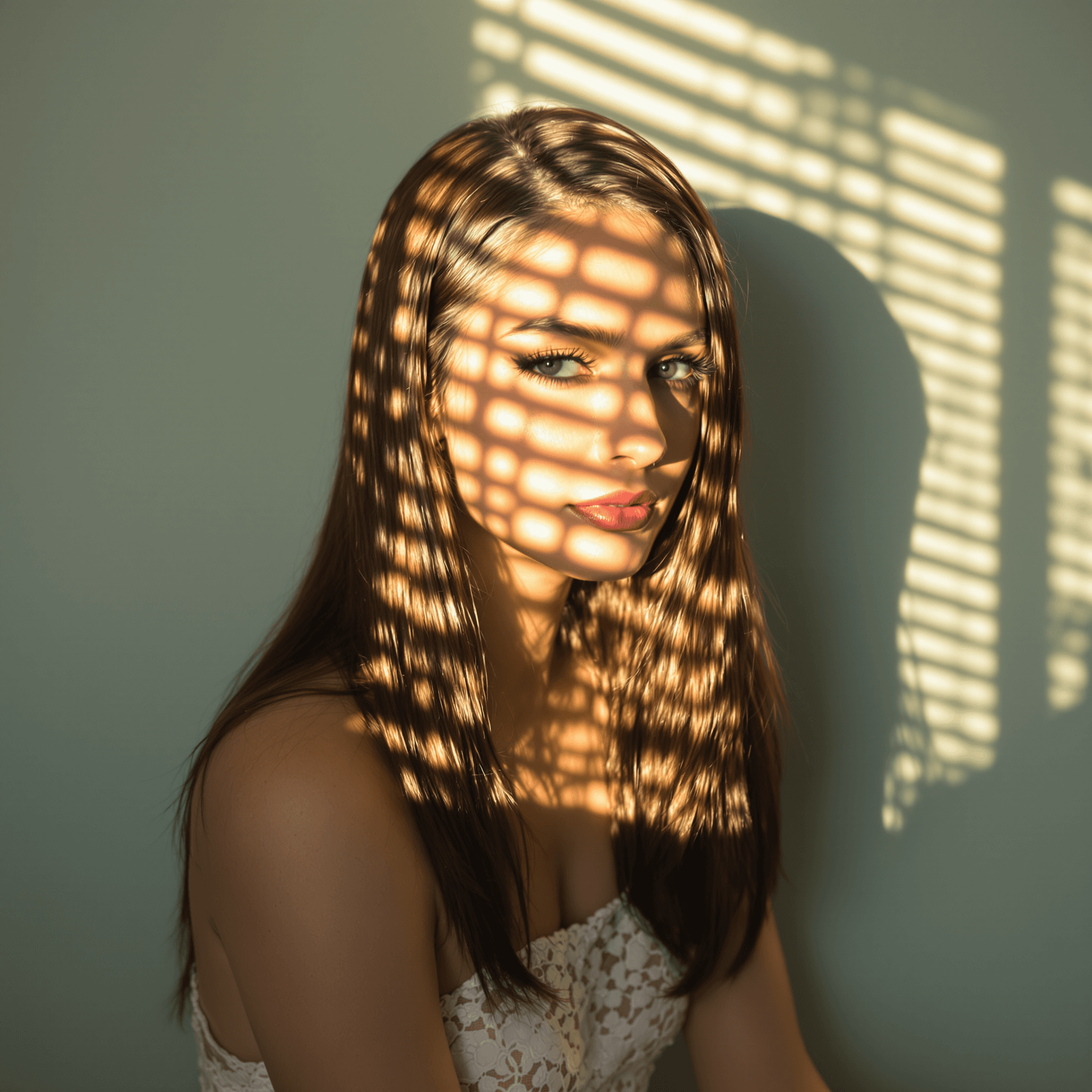 AI generated: Full body of a long and flat hairs brunette woman illuminated by soft, warm afternoon light streamin...