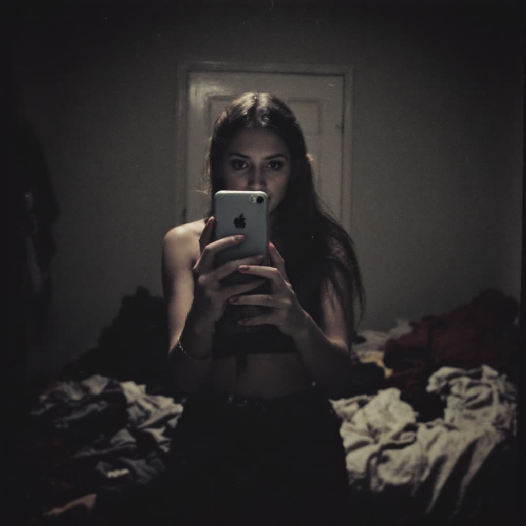 AI generated: A woman stands in front of a mirror, capturing a selfie. The image quality is grainy, with a slight ...