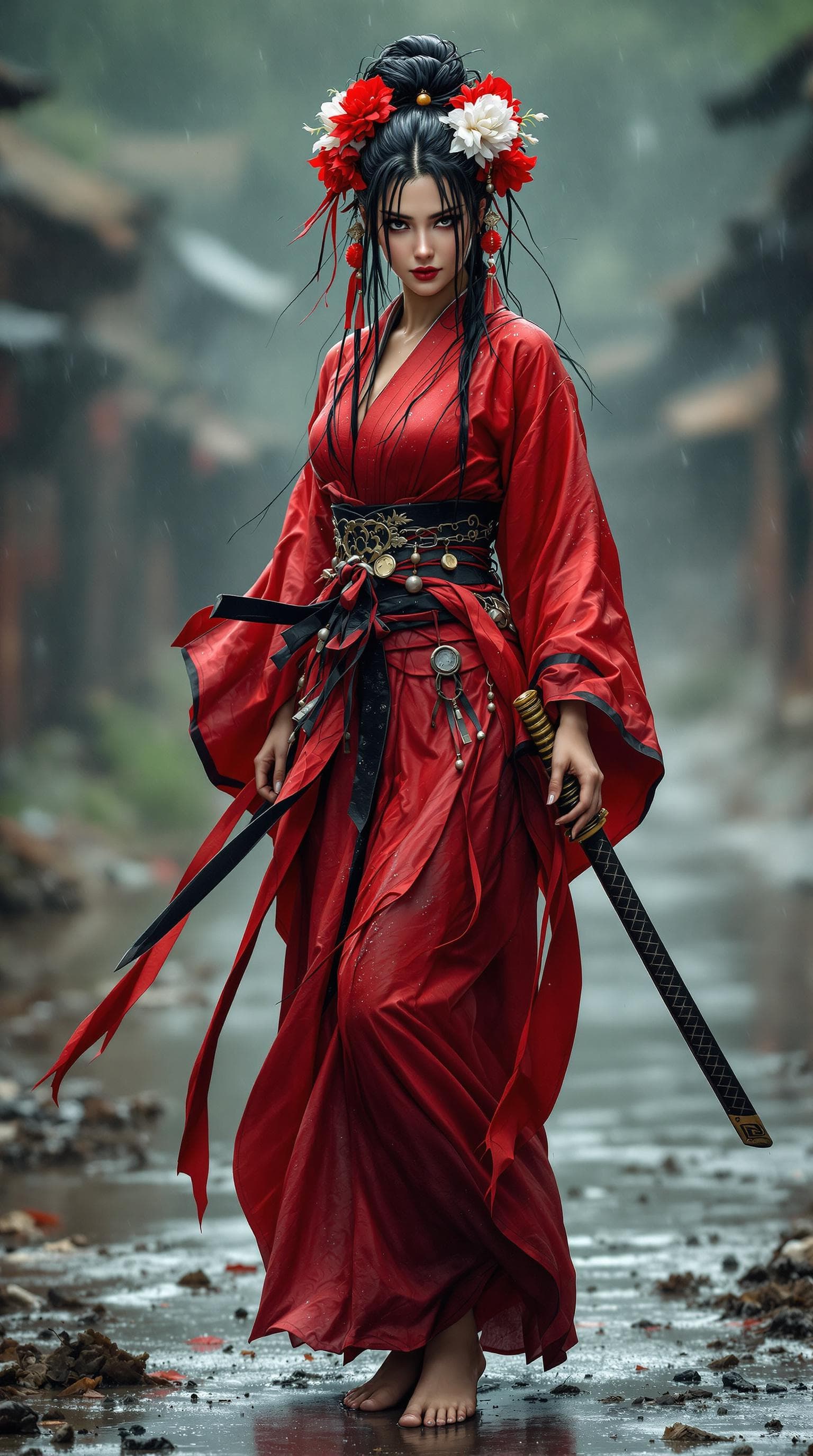 AI generated: Full body view of a fierce samurai woman of Japanese descent in a flowing red and black corset kimon...