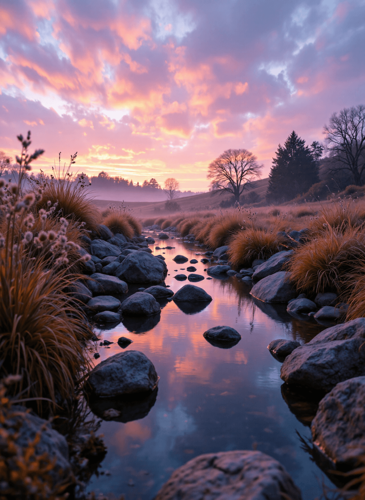 AI generated: The image depicts a serene and picturesque landscape at dawn or dusk. The sky is painted with vibran...