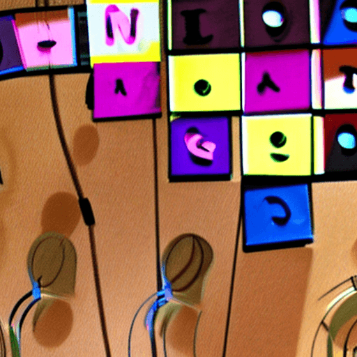 AI generated: draw the word "melody" with using musical instruments instead of letters