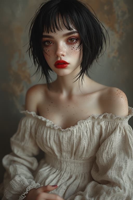 AI generated: A portrait of a pale-skinned woman with long black hair blowing in the wind, red lipstick, and blood...
