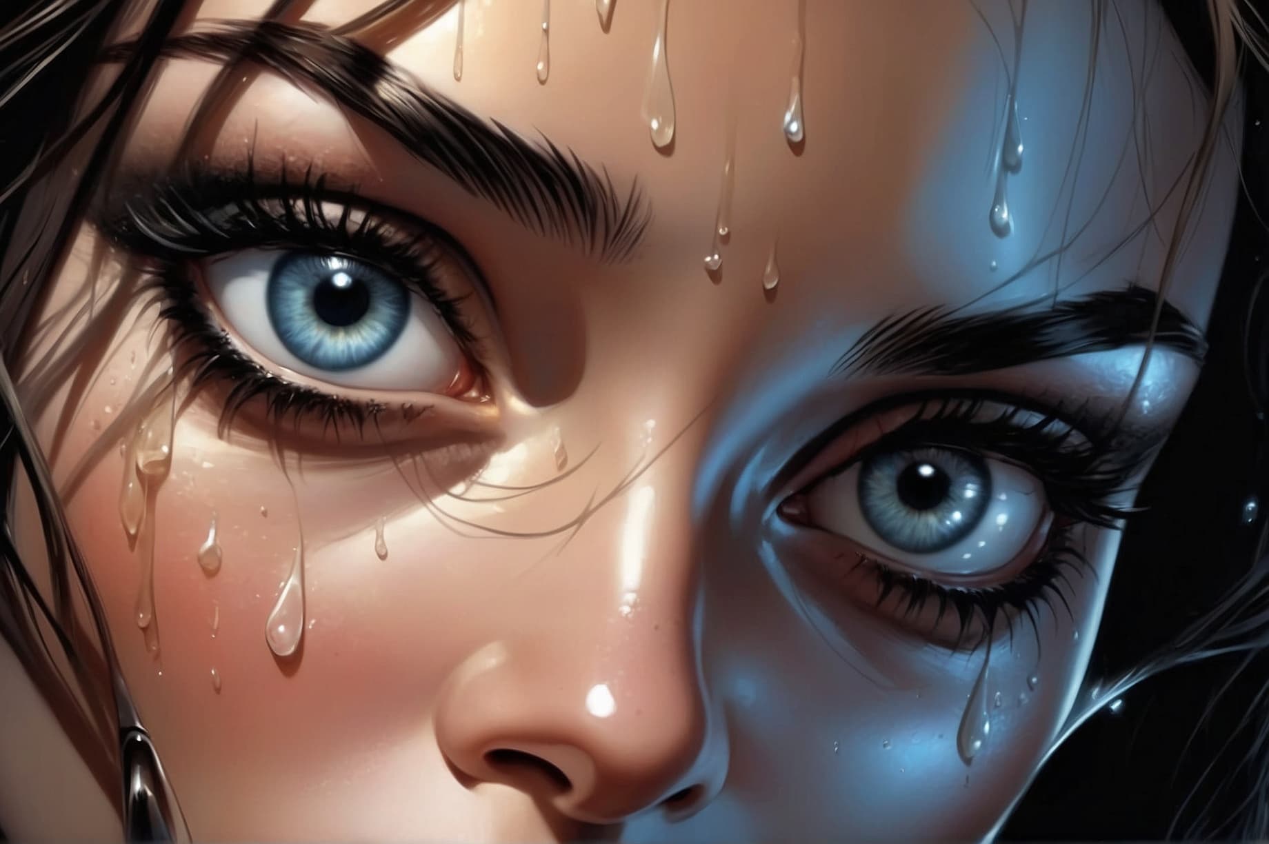 AI generated: Tears drops on a woman's face, Fear in the eyes, shiny eyes, elegant, lovely, dark, dramatic light, ...