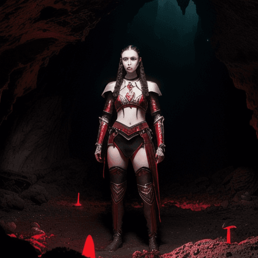 AI generated: female, vampire, glowing red eyes, pale white skin, dark black medium length braided hair, mostly bl...