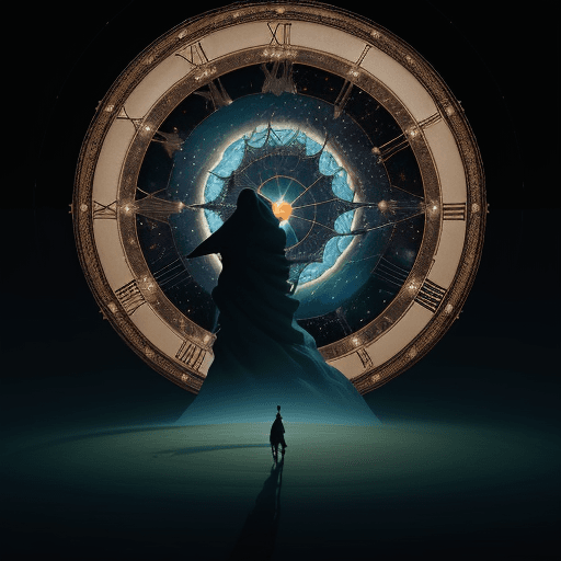 AI generated: Horsinbaisin: The Millenary Thought." In the foreground, depict a giant symbolizing time or wisdom w...