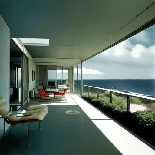AI generated: Hyper realistic eye level exterior photo of a mid century modern style house overlooking the ocean, ...