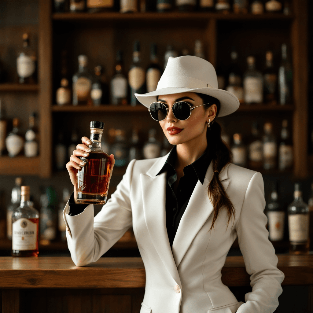 AI generated: An elegant woman in a white suit and black shirt, wearing sunglasses and a white fedora hat, standin...
