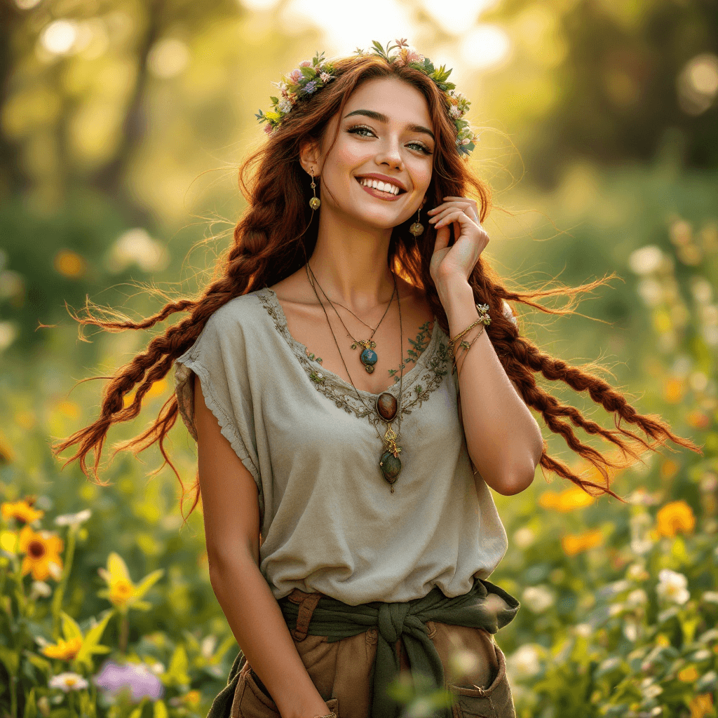 AI generated: The Earth Songstress: A harmonious character with long, braided dark auburn hair that is often adorn...