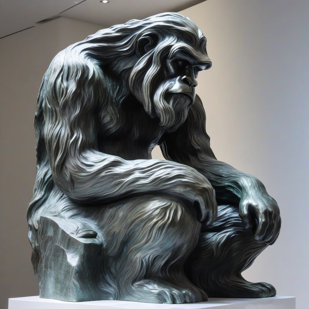 AI generated: a contemplative Yeti as "The Thinker", sculpture made of black marble, museum exhibit, style of Augu...