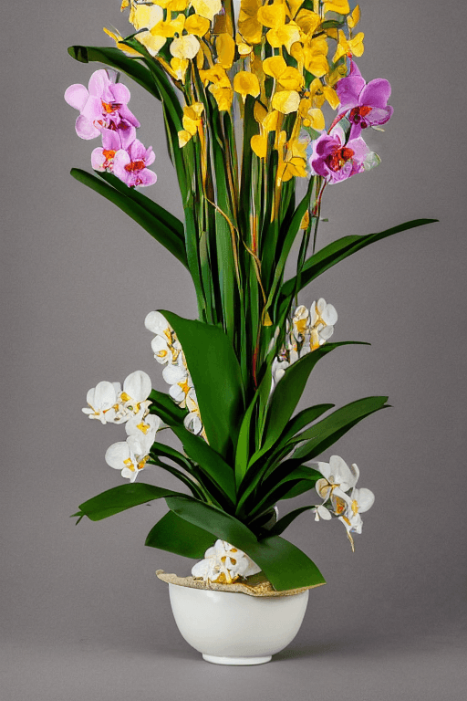 AI generated: wide angle photograph of a large and bountiful orchid and wild blossoms arrangement being displayed:...