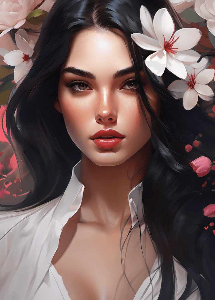 AI generated: digital painting of a young girl with long black hair, eye contact, freckles, flirty, parted lips, l...