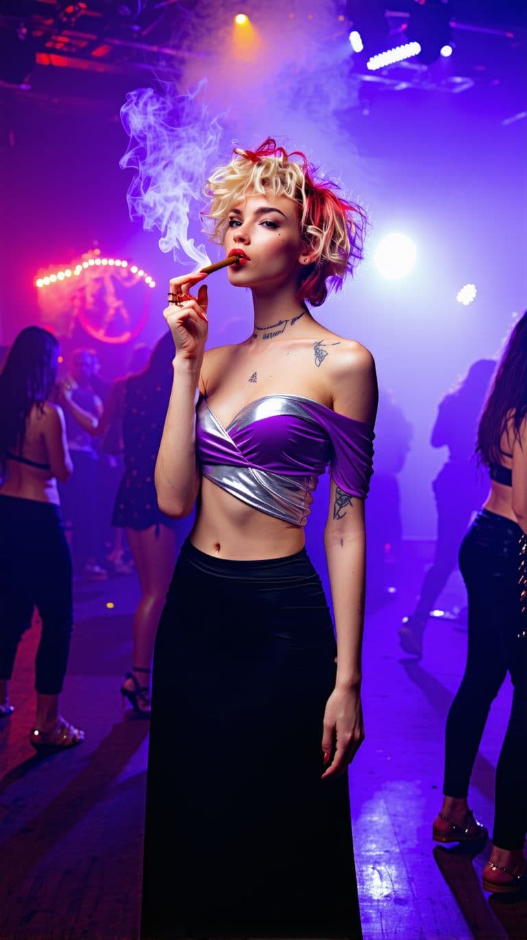 AI generated: A European woman with blonde hair wears a black maxi skirt with a tight fitting purple and silver to...