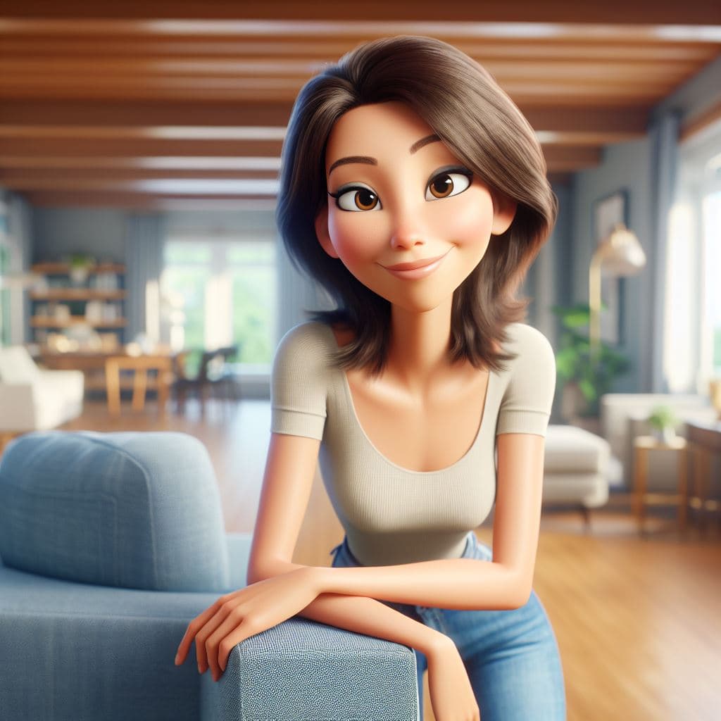 AI generated: A slim middle-aged woman with brown hair and eyes smiling and looking at the camera while sitting in...