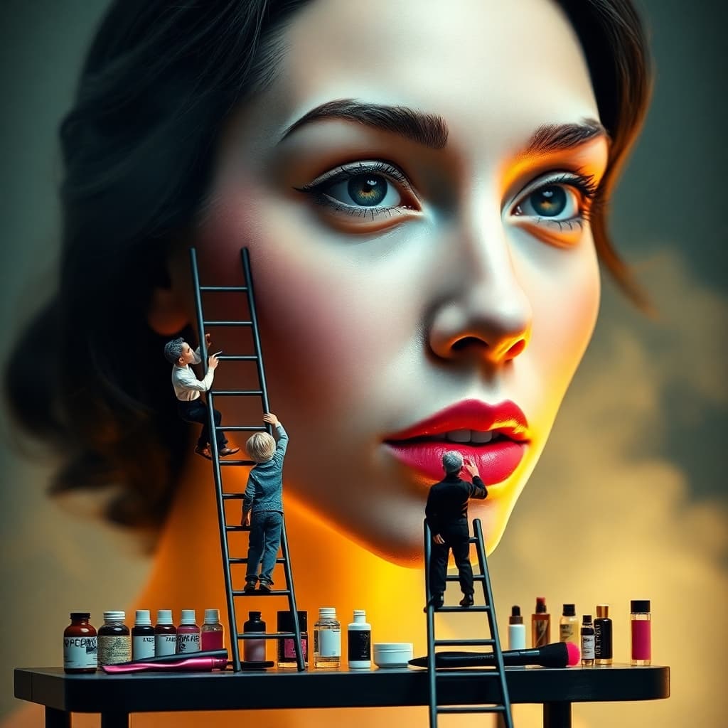 AI generated: A magical scene where tiny makeup artists are standing on a long miniature ladder, applying makeup t...