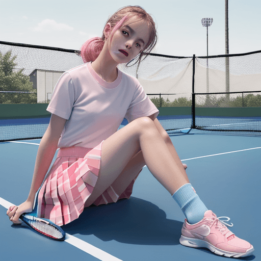 AI generated: Highest quality, perfect masterpiece, perfect art, 8K, (young and energetic girl, tennis, wearing pi...