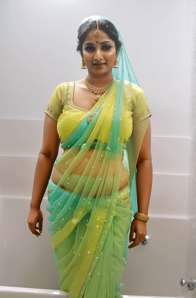 AI generated: Indian 32 year old bhabhi, medium breast, ice blue transparent saree, Seductive face, bathroom, bath...
