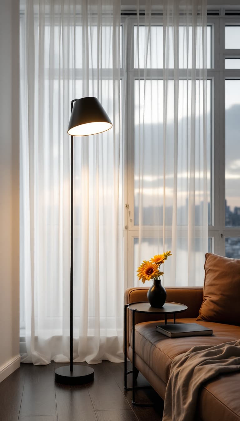 AI generated: photography, minimalist, aerial shot, apartment living room, minimal design floor stand lamp, minima...