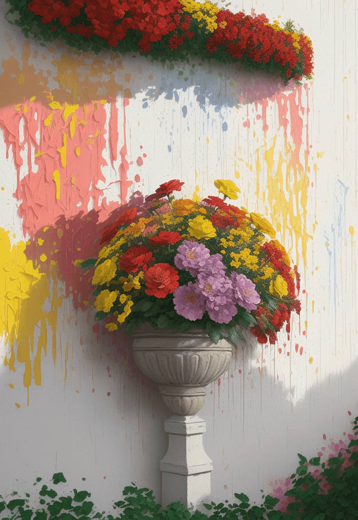 AI generated: create Impasto palette knife painting, painting strokes in random sizes, of artificial flowers and g...