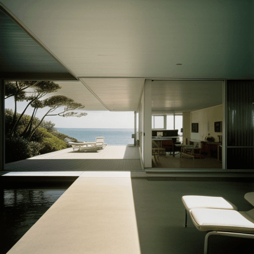 AI generated: Hyper realistic eye level exterior photo of a mid century modern style house overlooking the ocean, ...