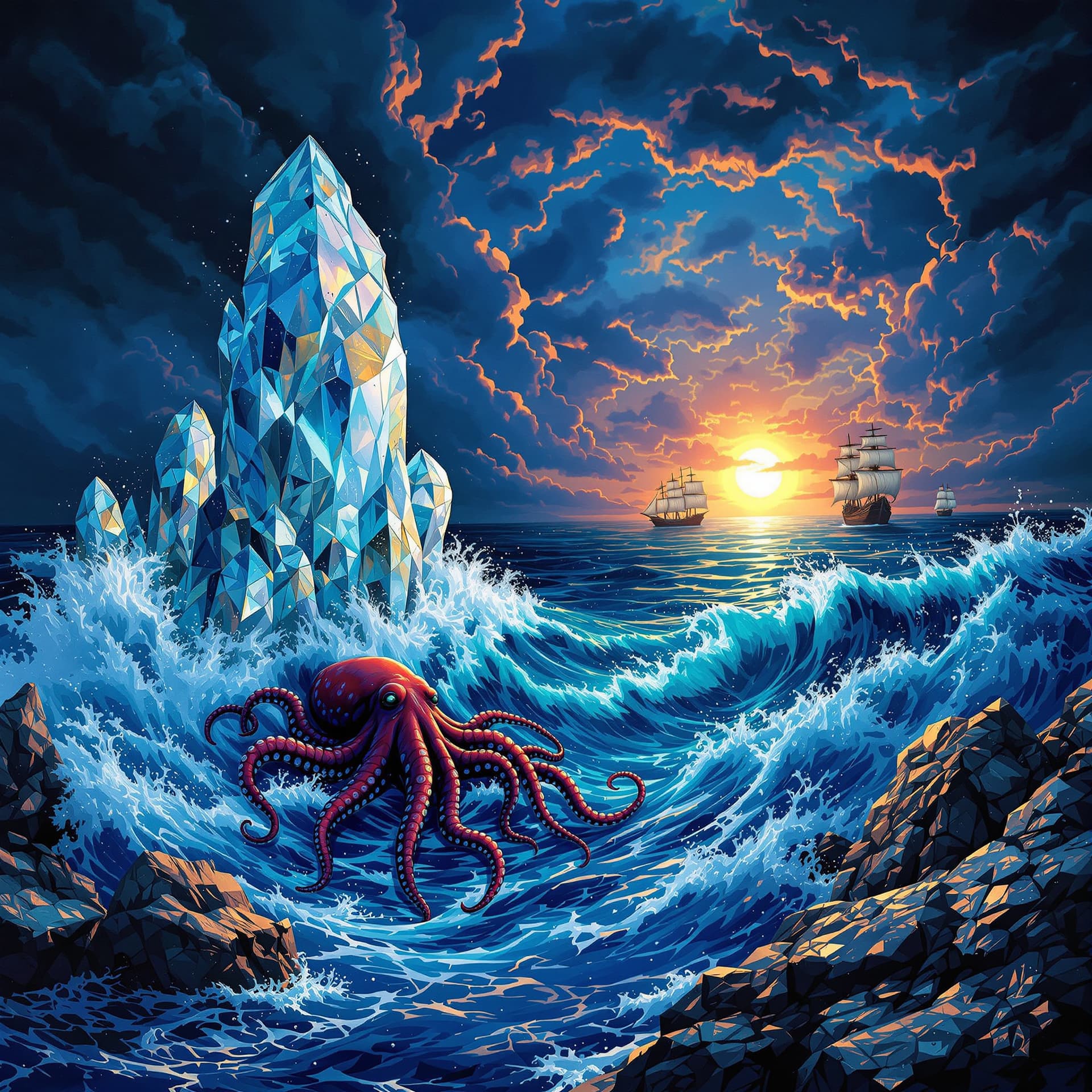 AI generated:  Psychedelic, surreal, A stormy ocean with towering waves crashing onto giant quartz crystals, dark ...