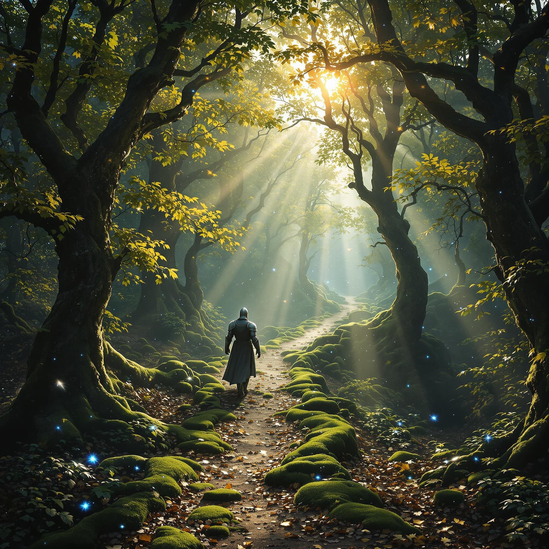 AI generated: A medieval forest of majestic beauty, where the sun's rays pierce the canopy of ancient trees, creat...