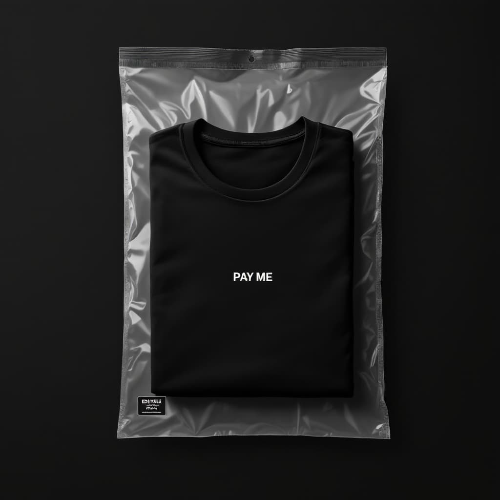 AI generated: A mockup of a parcel delivery bag featuring a folded black t-shirt with a print in the middle promin...