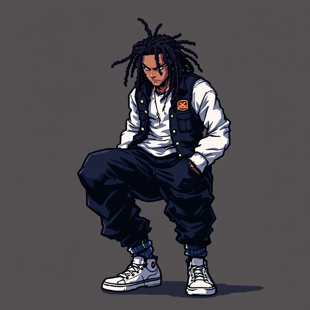 AI generated:  pixel art style of  blake mail with dread locs Kilik Rung from Soul Eater wearing  black vest jacke...