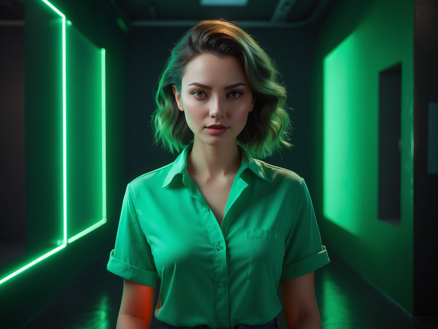 AI generated: a woman in a green shirt standing in a dark room, a 3D render by Dmitry Levitzky, cgsociety, photore...