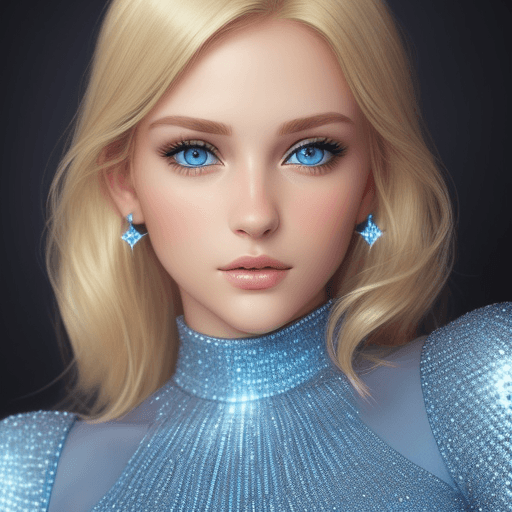 AI generated: A young, beautiful, realistic looking, detailed, blonde, blue eyed, woman wearing a sparkly, shiny, ...